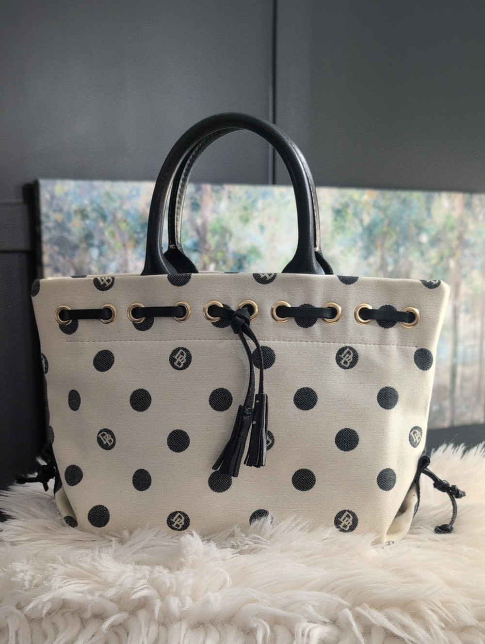 Vintage Dooney & Bourke Black & Cream Polka Dot Tote Bag